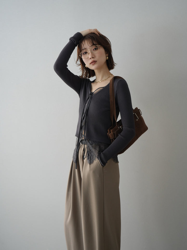 [予約]フロントリボン裾レースリブニットトップス/charcoal