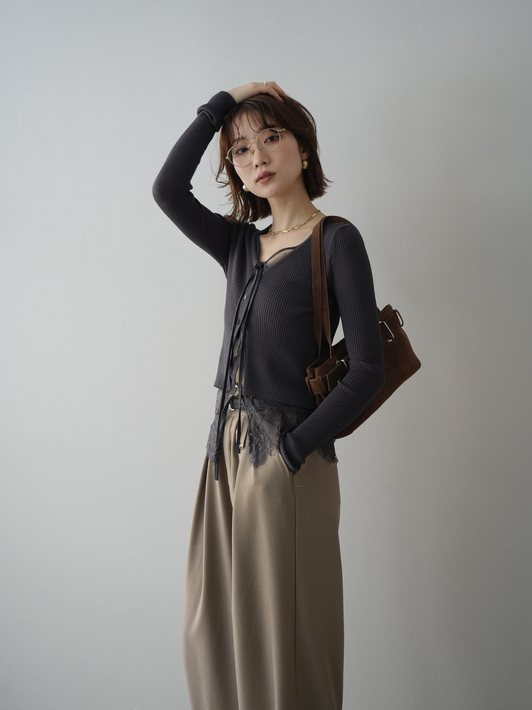 [SET]フロントリボン裾レースリブニットトップス+選べるアクセセット(2set)