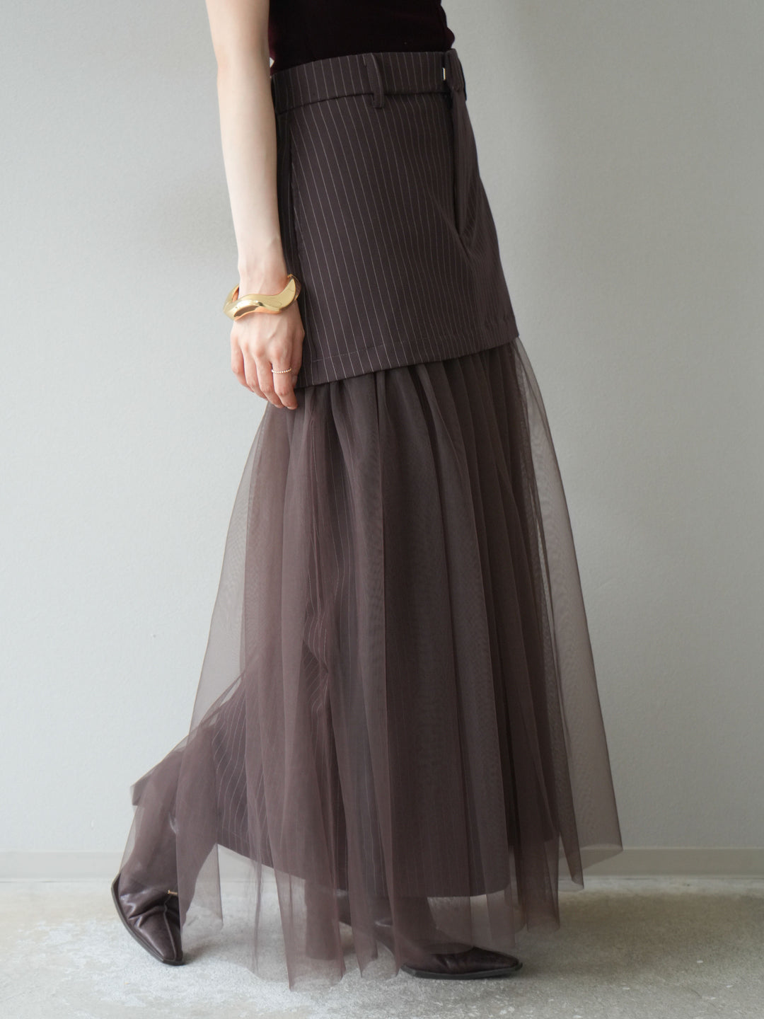 [予約]ストライプ切替チュールスカート/ブラウン