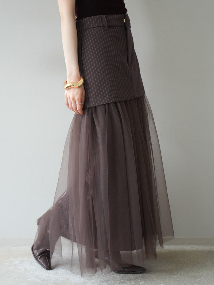 [予約]ストライプ切替チュールスカート/ブラウン