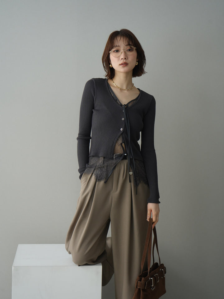 [予約]フロントリボン裾レースリブニットトップス/charcoal