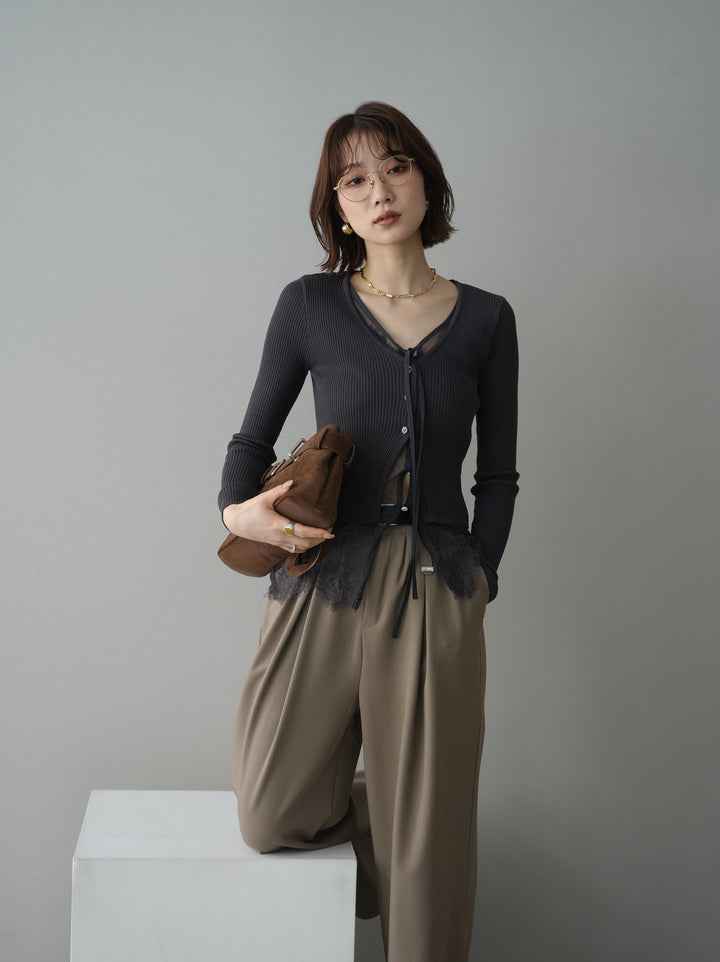 [予約]フロントリボン裾レースリブニットトップス/charcoal