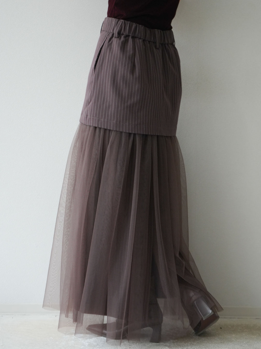 [予約]ストライプ切替チュールスカート/ブラウン
