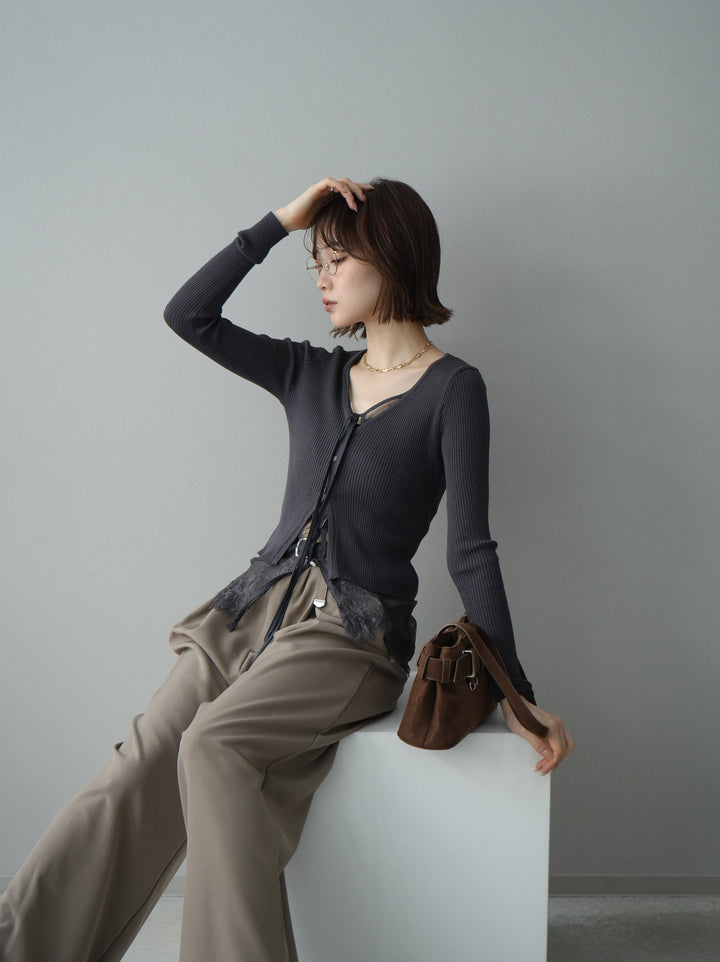 [予約]フロントリボン裾レースリブニットトップス/charcoal