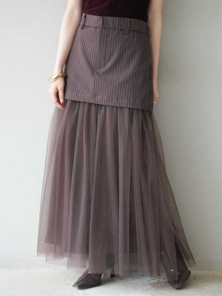 [予約]ストライプ切替チュールスカート/ブラウン