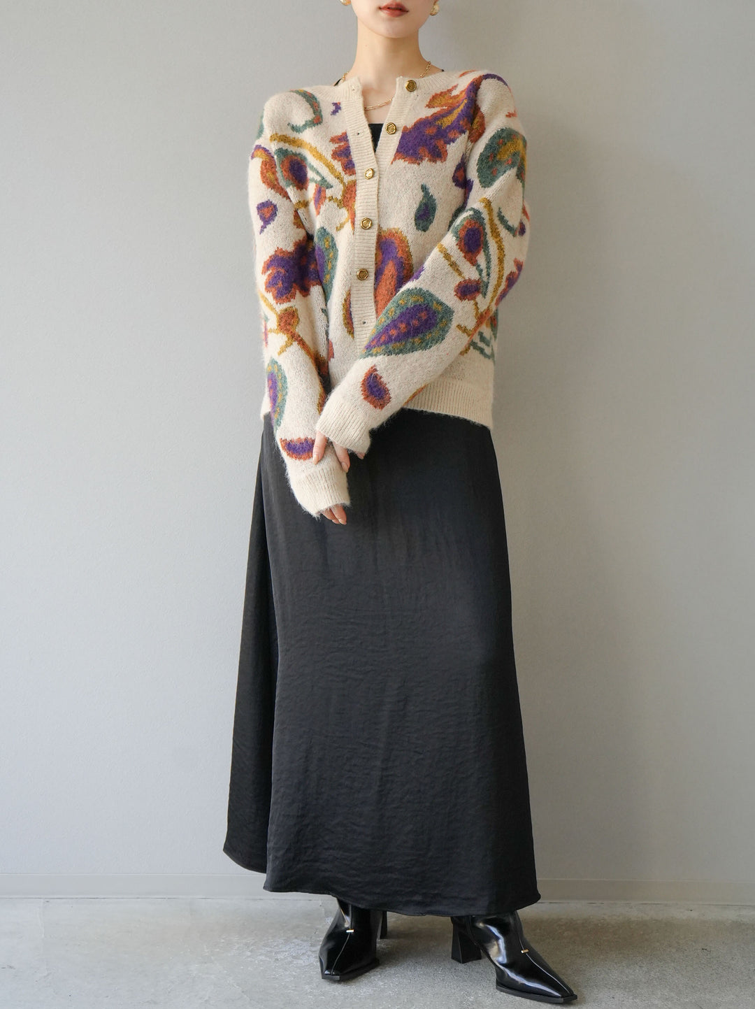 [套裝] 混紡紗佩斯利針織開襟衫 + 可選飾品套裝（2套）