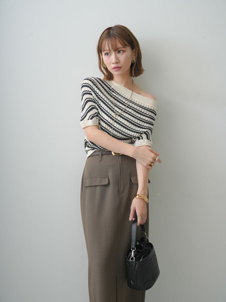 [SET]リブボーダードルマンニットトップス+クレープデシンフラップ付きストレートスカート(2set)