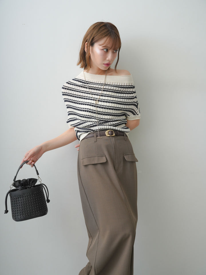 [SET]リブボーダードルマンニットトップス+クレープデシンフラップ付きストレートスカート(2set)