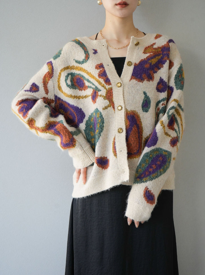 [套裝] 混紡紗佩斯利針織開襟衫 + 可選飾品套裝（2套）