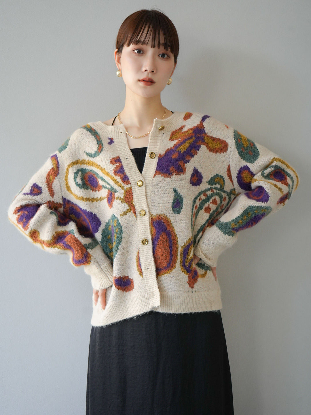 [套裝] 混紡紗佩斯利針織開襟衫 + 可選飾品套裝（2套）