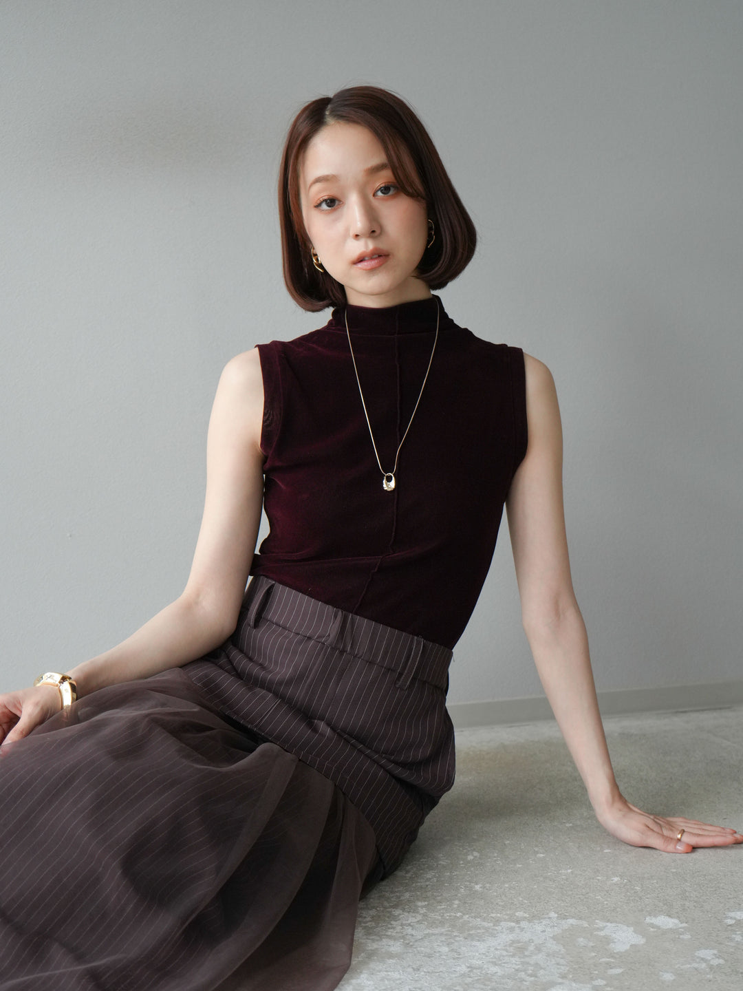 [SET]シアーベロアプチネックノースリーブトップス+選べるアクセセット(2set)