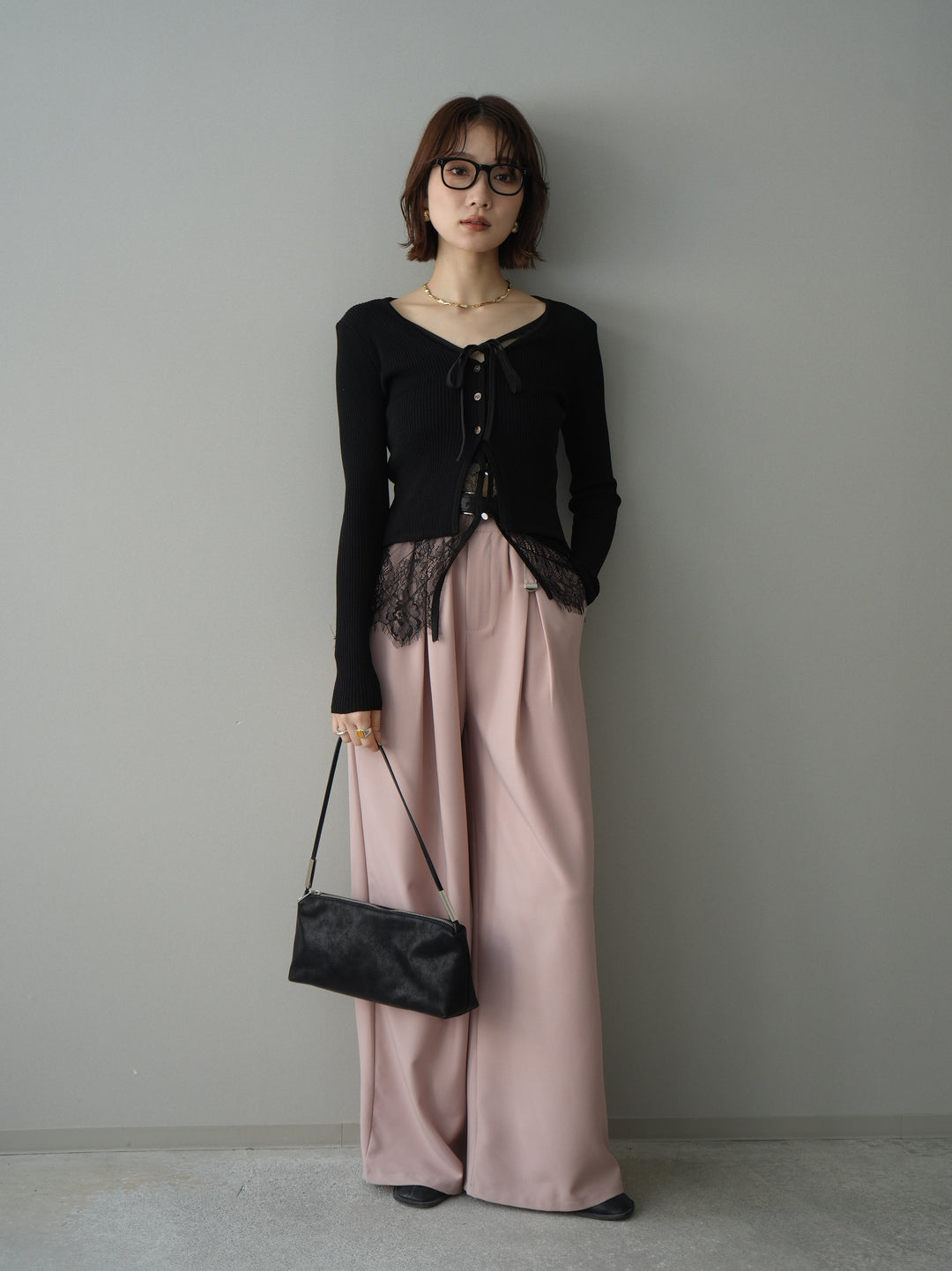 [予約]フロントリボン裾レースリブニットトップス/black