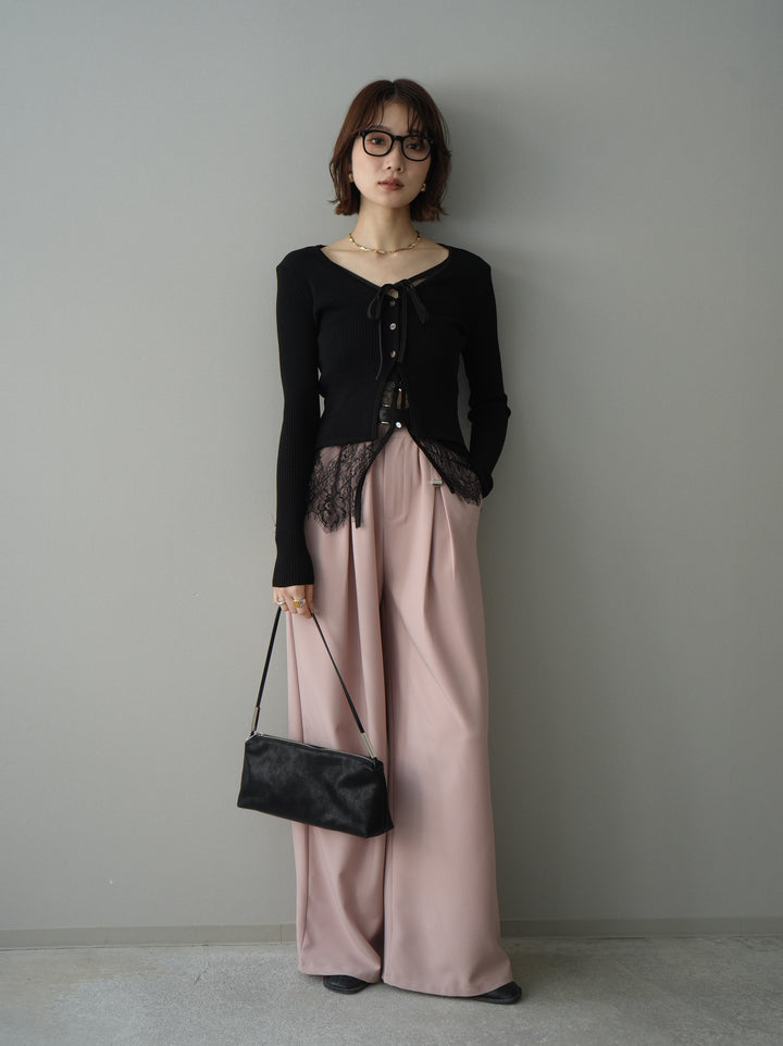 [予約]フロントリボン裾レースリブニットトップス/black