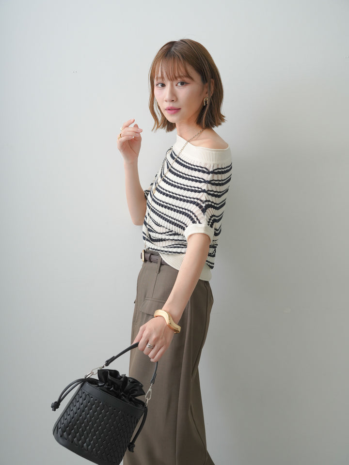 [SET]リブボーダードルマンニットトップス+クレープデシンフラップ付きストレートスカート(2set)