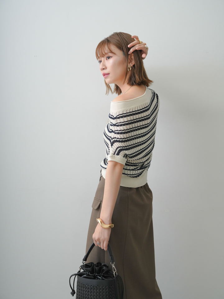 [SET]リブボーダードルマンニットトップス+クレープデシンフラップ付きストレートスカート(2set)