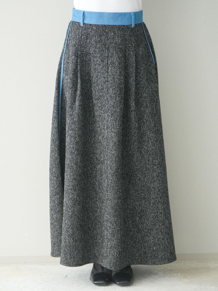 [予約]異素材サマーツイードタックフレアスカート/black