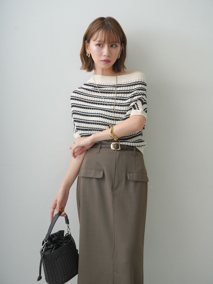 [SET]リブボーダードルマンニットトップス+クレープデシンフラップ付きストレートスカート(2set)