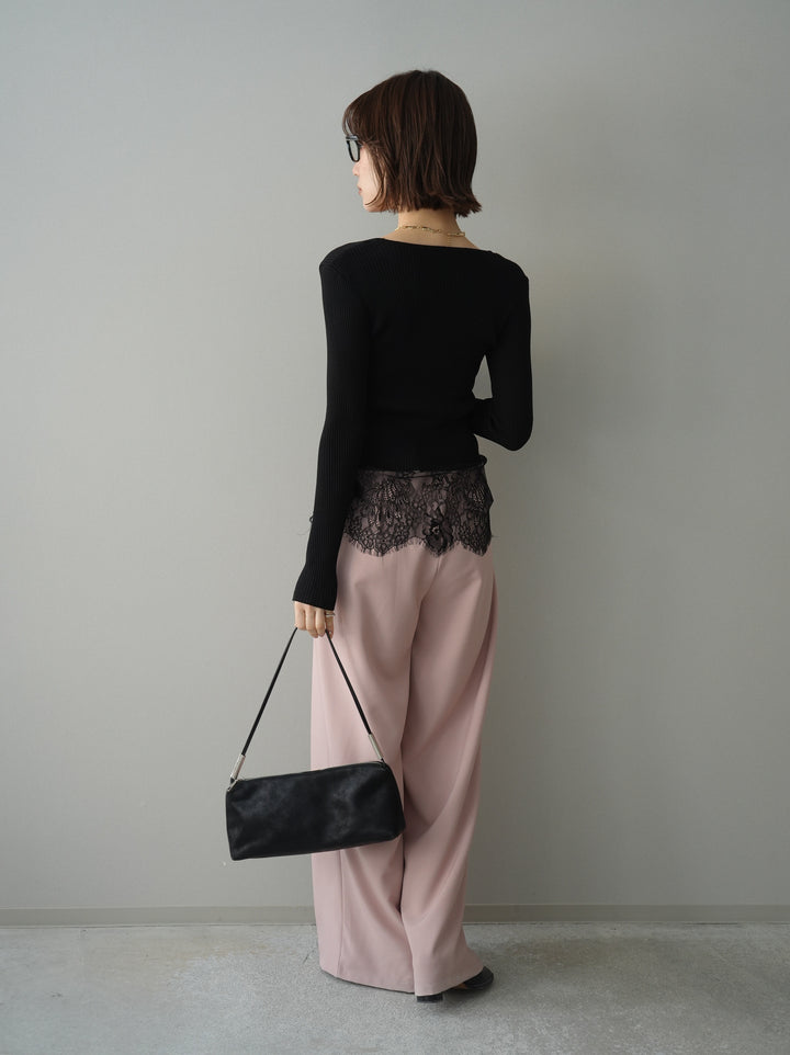 [SET]フロントリボン裾レースリブニットトップス+ベルト付キーホルダーモチーフワイドパンツ(2set)