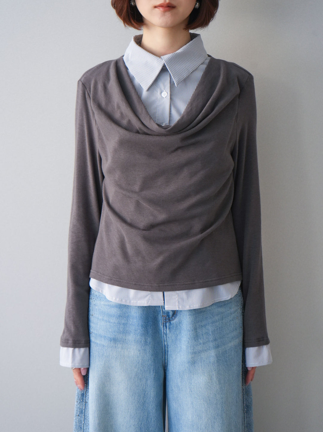 [予約]ストライプドッキングシャツドレープカットソー/charcoal