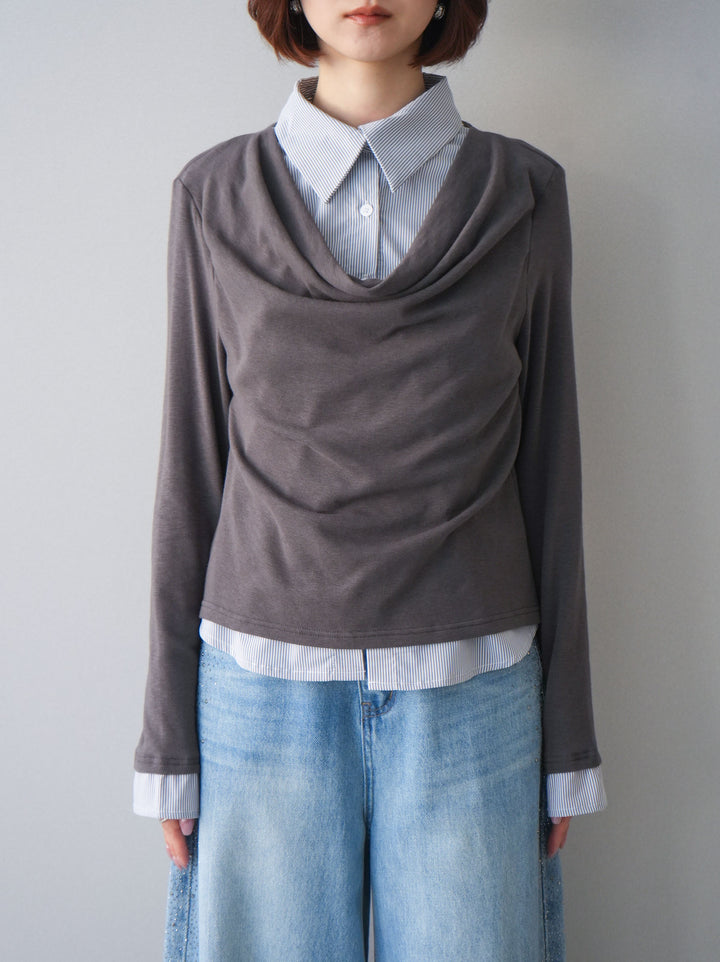 [予約]ストライプドッキングシャツドレープカットソー/charcoal