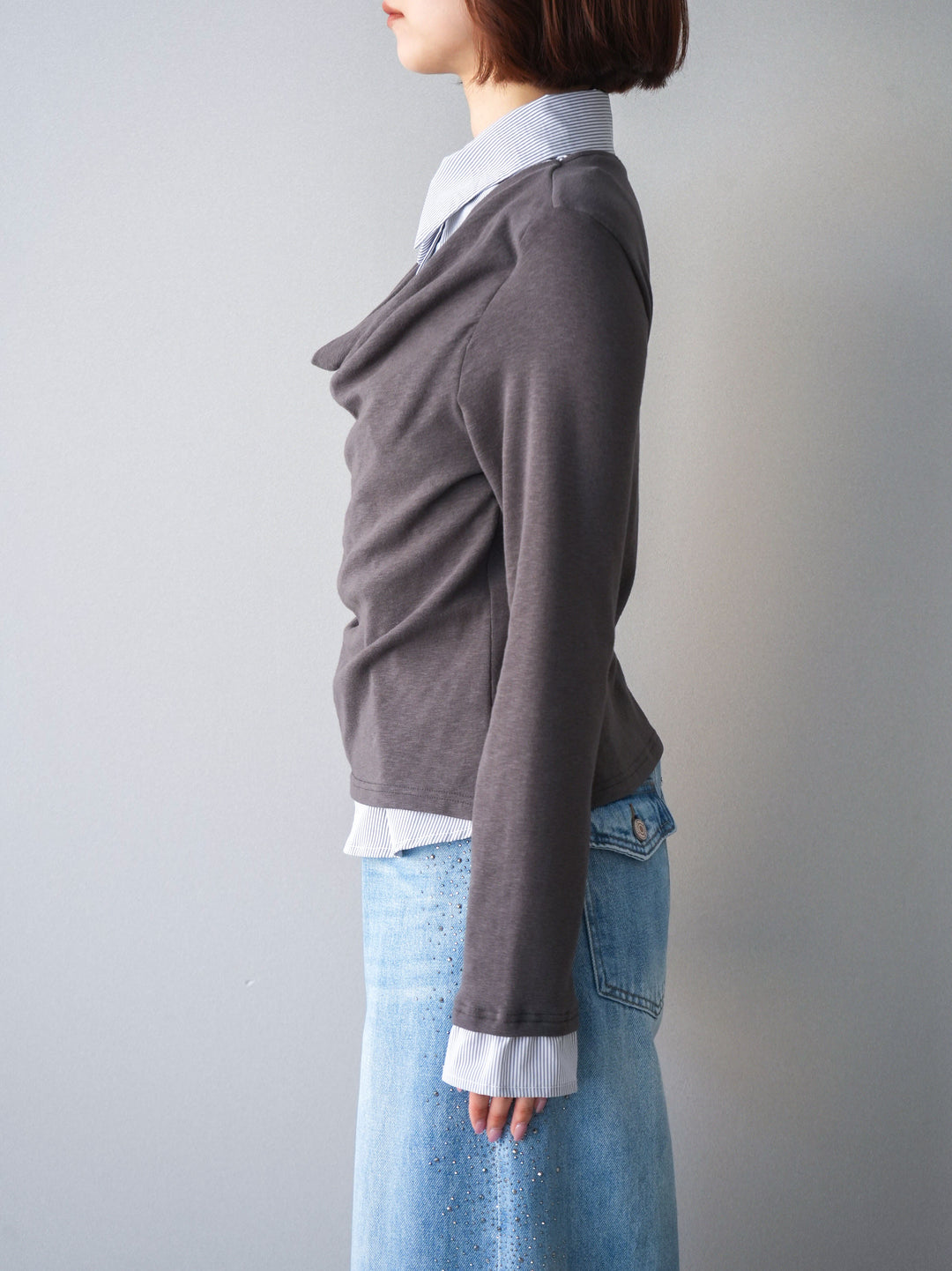 [予約]ストライプドッキングシャツドレープカットソー/charcoal