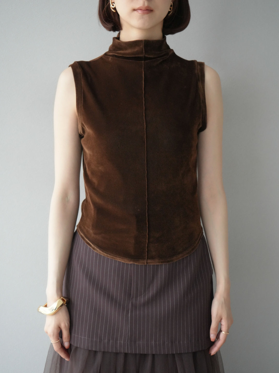 [予約]シアーベロアプチネックノースリーブトップス/ブラウン
