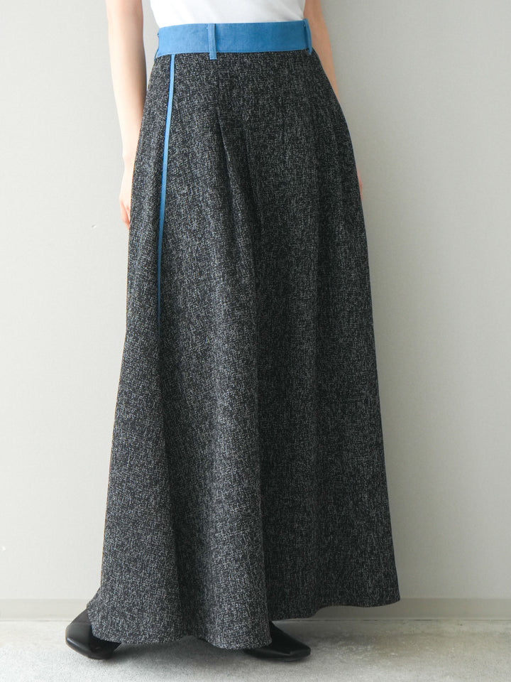 [予約]異素材サマーツイードタックフレアスカート/black