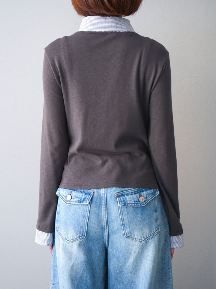 [予約]ストライプドッキングシャツドレープカットソー/charcoal