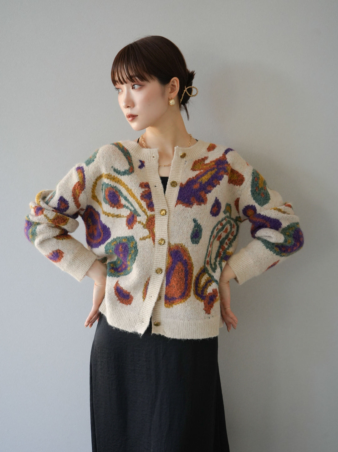 [套裝] 混紡紗佩斯利針織開襟衫 + 可選飾品套裝（2套）