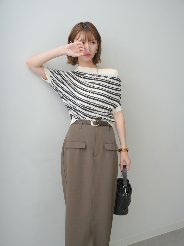[SET]リブボーダードルマンニットトップス+クレープデシンフラップ付きストレートスカート(2set)