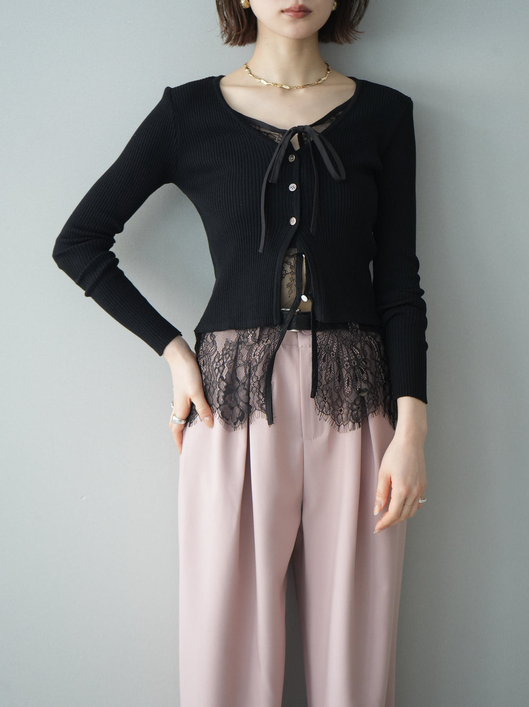 [SET]フロントリボン裾レースリブニットトップス+選べるアクセセット(2set)
