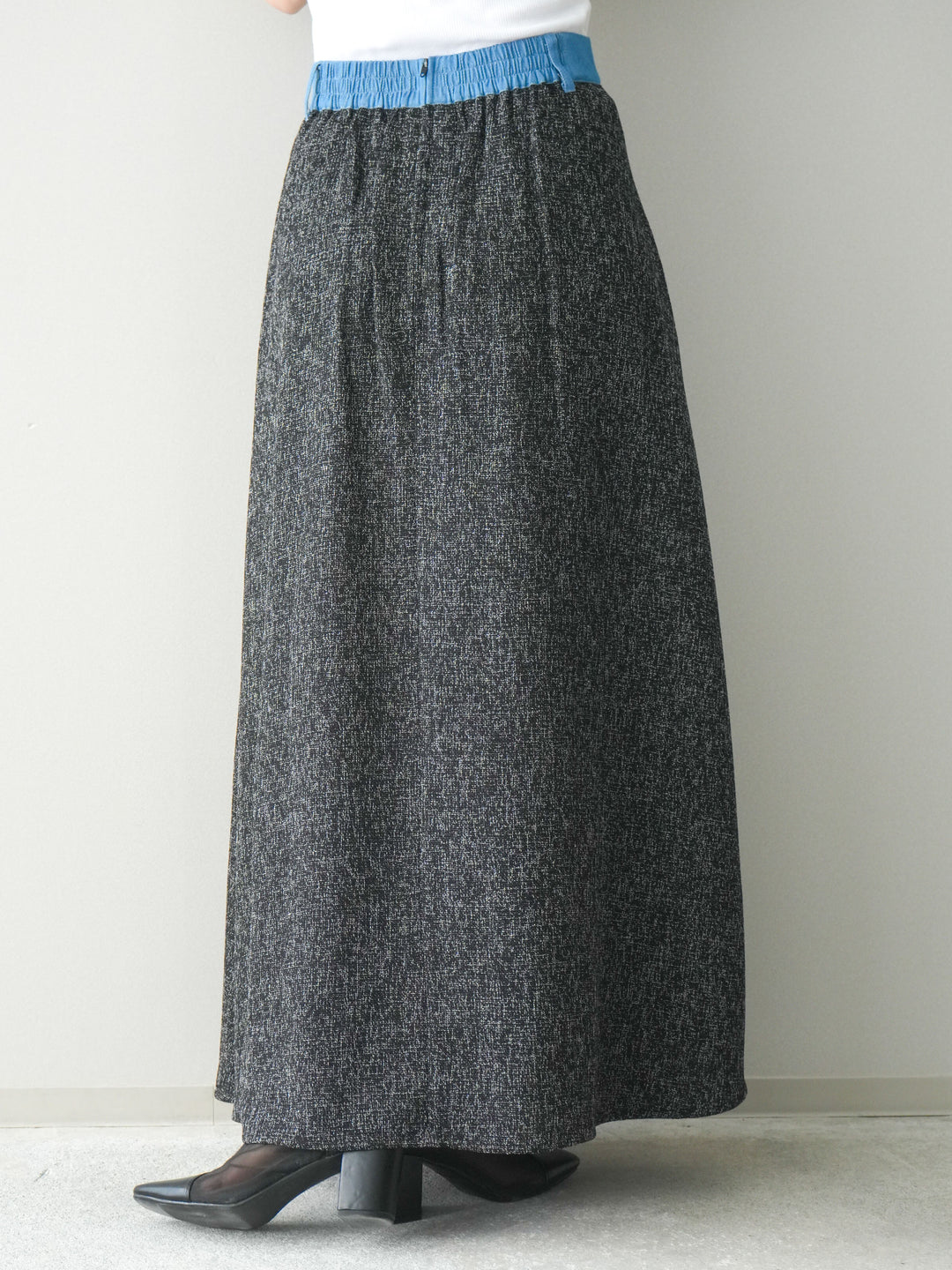 [予約]異素材サマーツイードタックフレアスカート/black