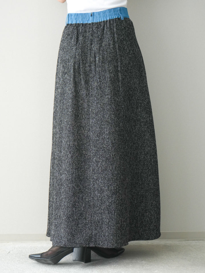 [予約]異素材サマーツイードタックフレアスカート/black