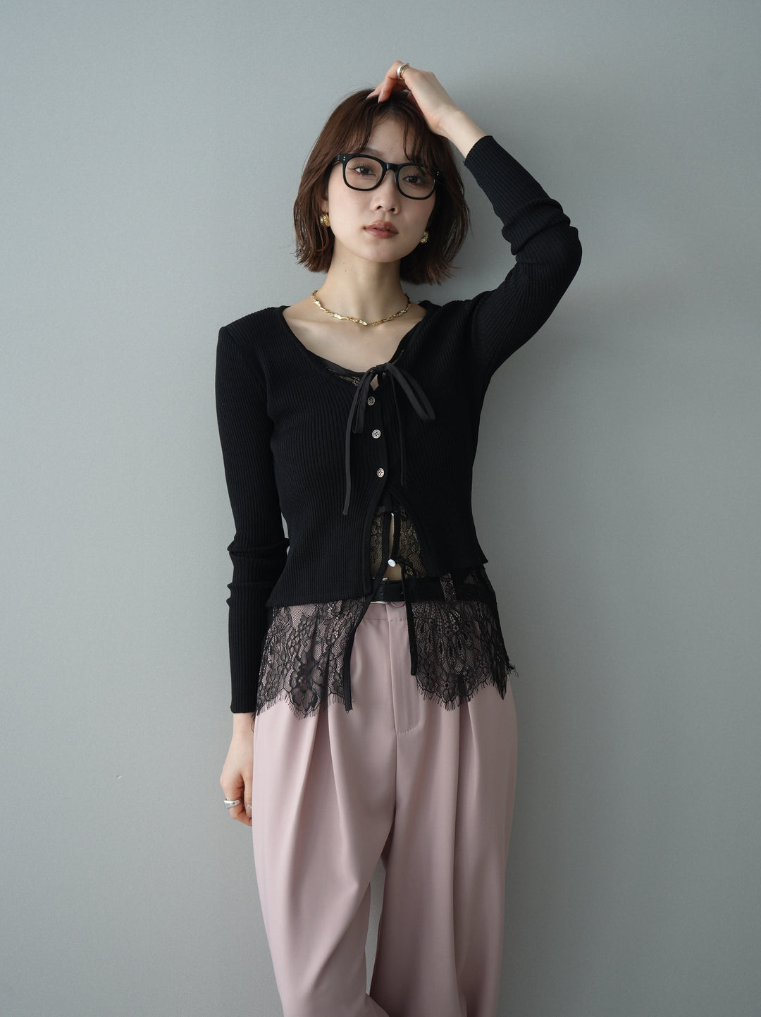 [予約]フロントリボン裾レースリブニットトップス/black