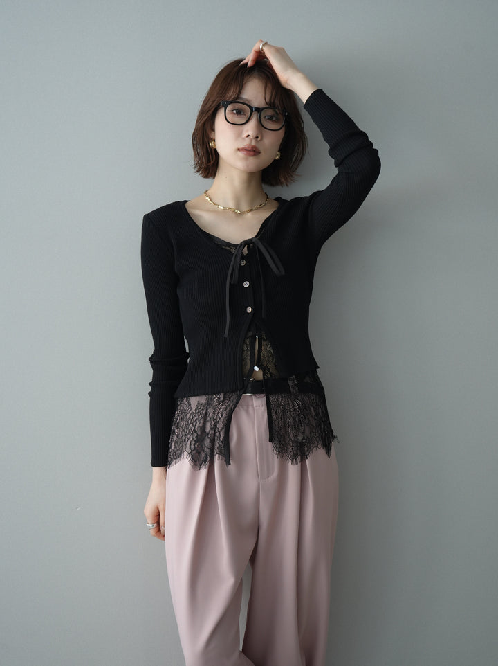 [予約]フロントリボン裾レースリブニットトップス/black