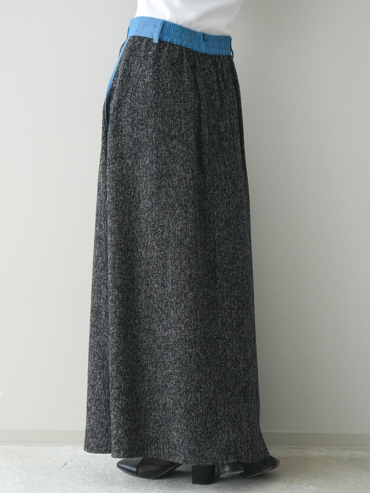 [予約]異素材サマーツイードタックフレアスカート/black