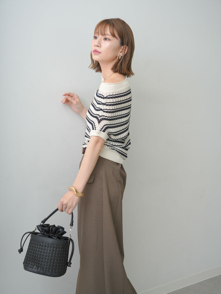[SET]リブボーダードルマンニットトップス+クレープデシンフラップ付きストレートスカート(2set)