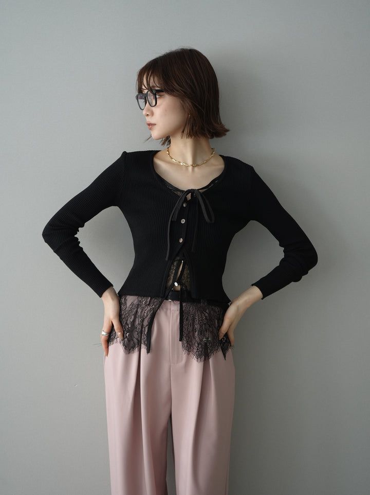 [予約]フロントリボン裾レースリブニットトップス/black