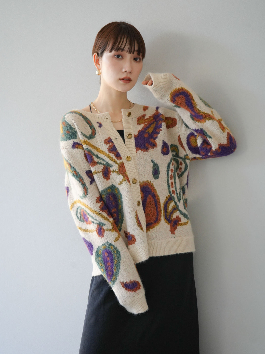 [套裝] 混紡紗佩斯利針織開襟衫 + 可選飾品套裝（2套）