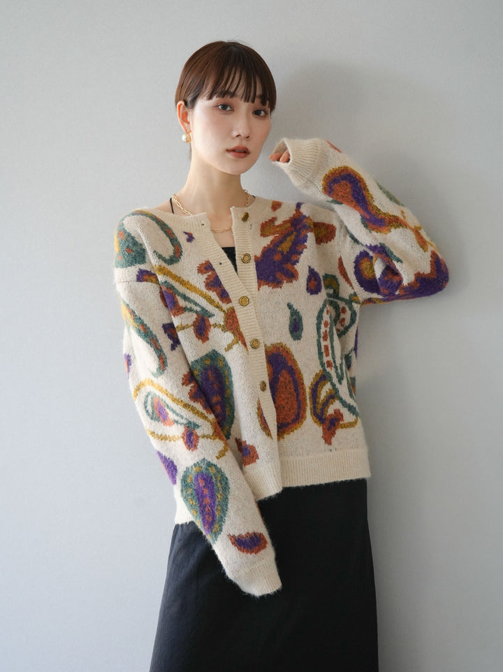 [套裝] 混紡紗佩斯利針織開襟衫 + 可選飾品套裝（2套）