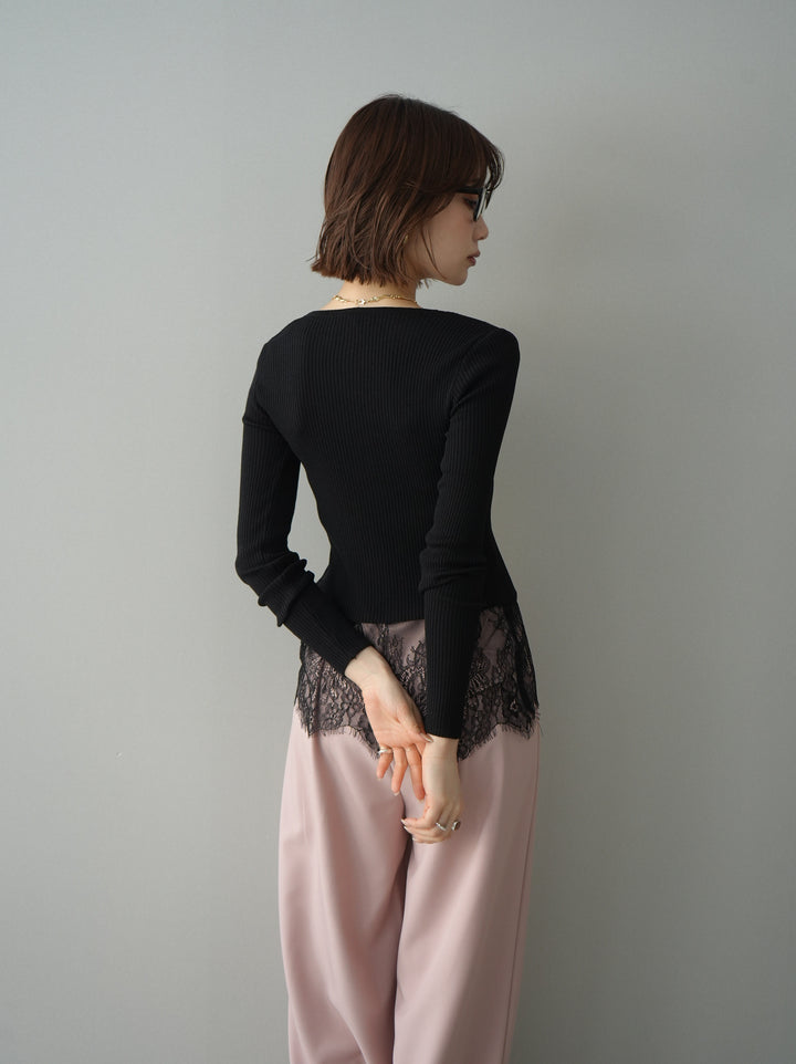 [予約]フロントリボン裾レースリブニットトップス/black
