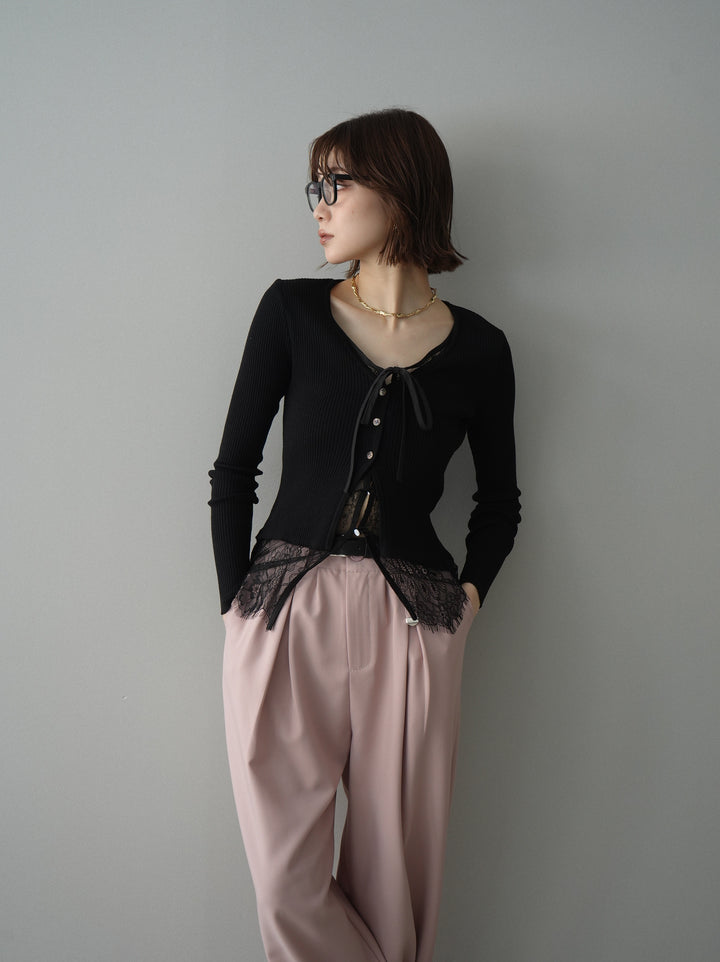 [予約]フロントリボン裾レースリブニットトップス/black