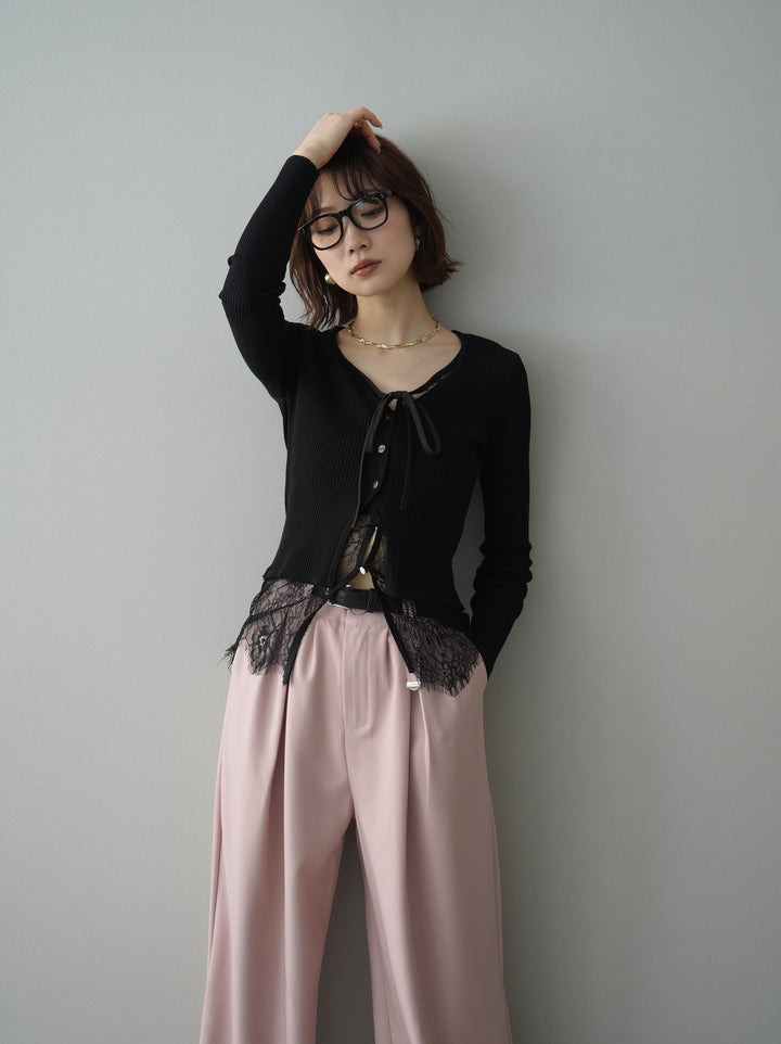 [予約]フロントリボン裾レースリブニットトップス/black