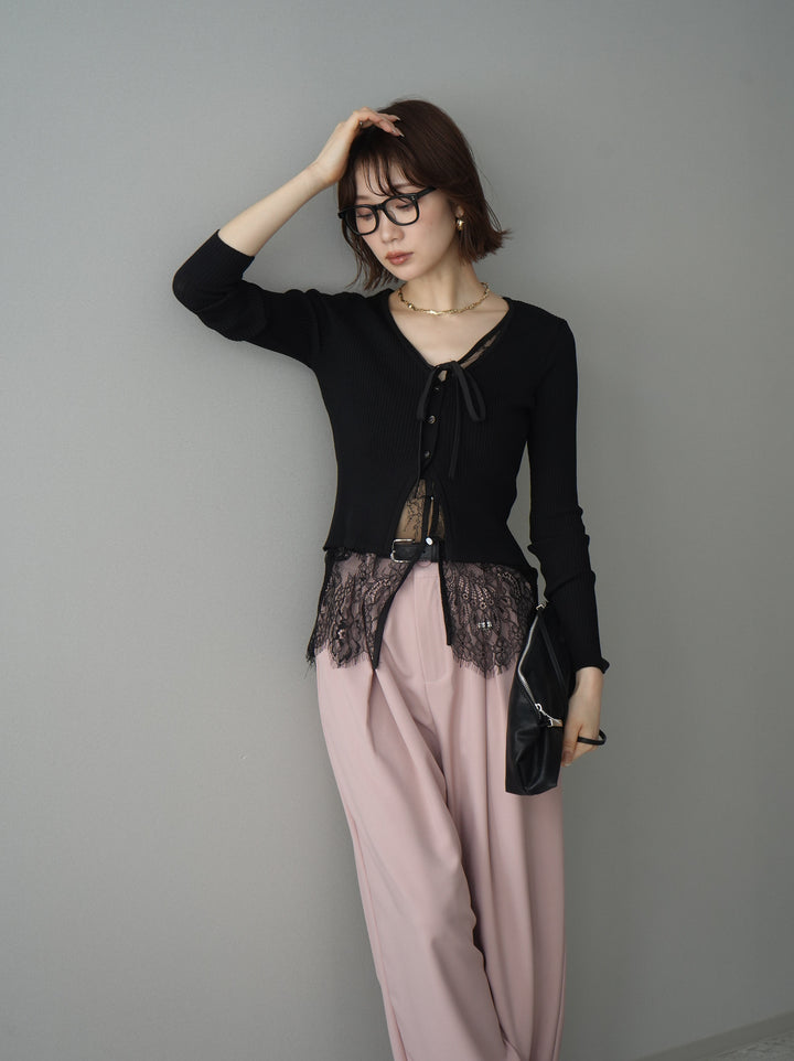 [予約]フロントリボン裾レースリブニットトップス/black