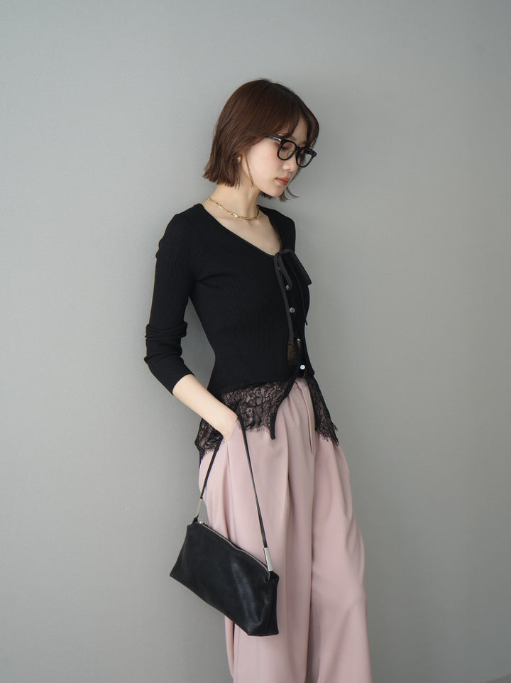 [予約]フロントリボン裾レースリブニットトップス/black