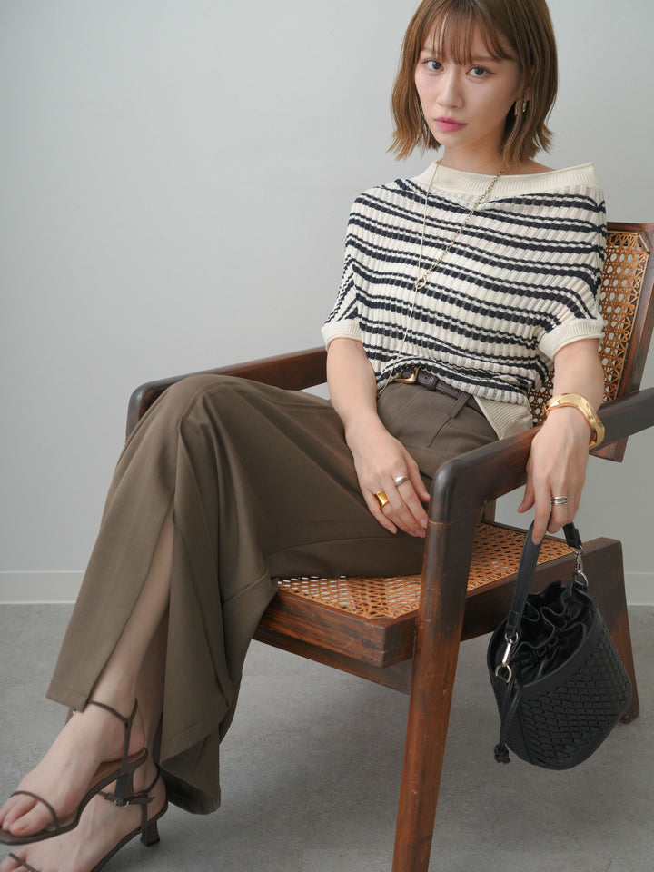 [SET]リブボーダードルマンニットトップス+クレープデシンフラップ付きストレートスカート(2set)