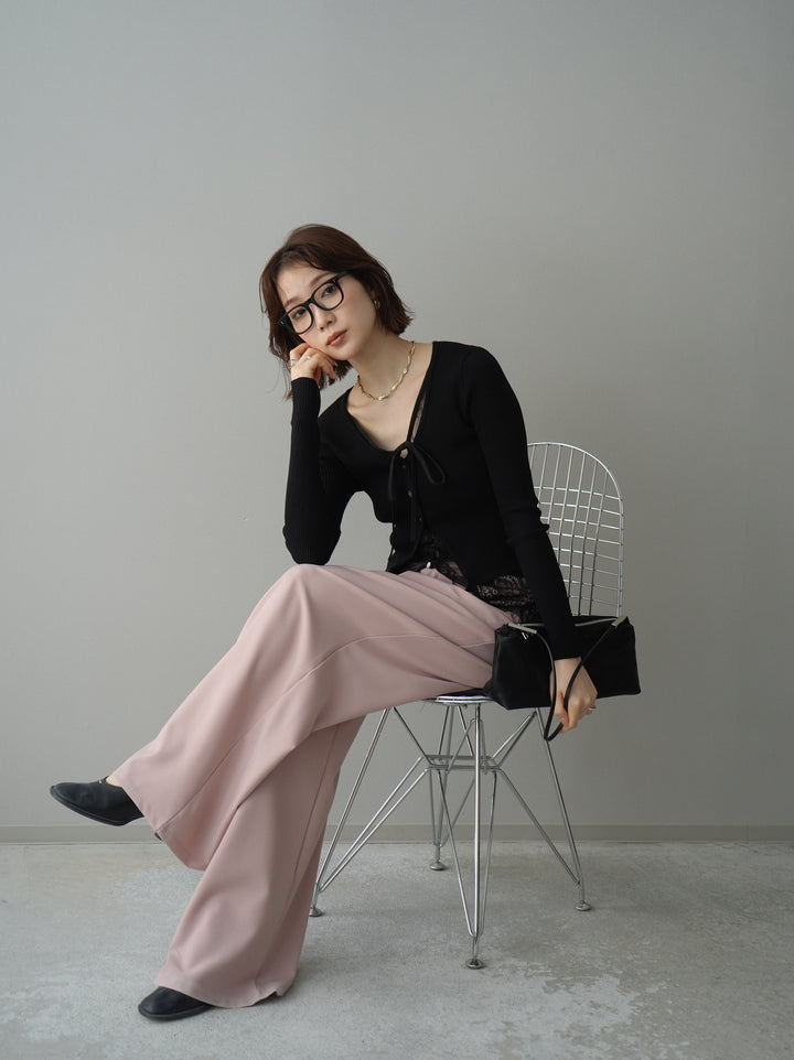 [予約]フロントリボン裾レースリブニットトップス/black