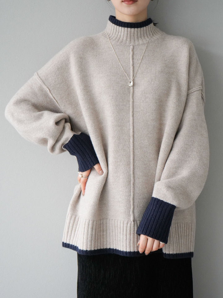 [予約]配色ハイネックニットプルオーバー/ベージュ