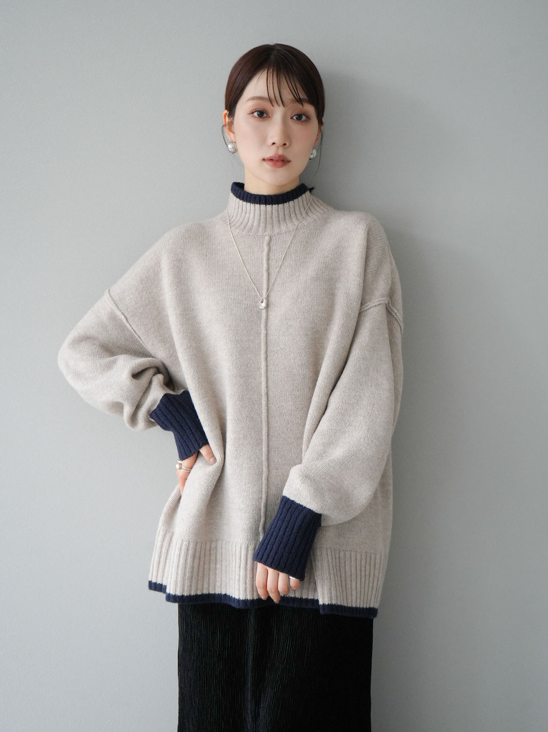 [予約]配色ハイネックニットプルオーバー/ベージュ