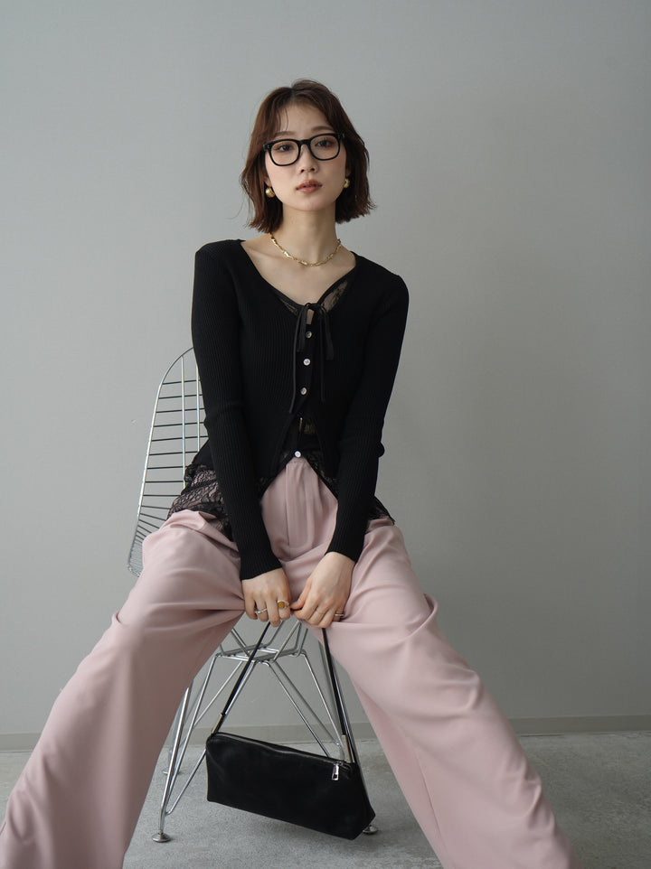 [SET]フロントリボン裾レースリブニットトップス+ベルト付キーホルダーモチーフワイドパンツ(2set)